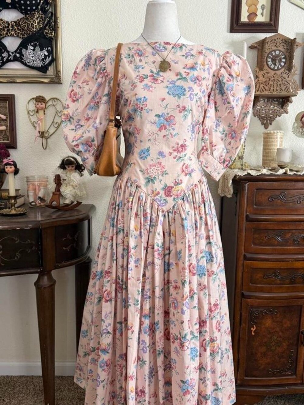 Vintage handmade cottagecore dainty floral puff sleeve prairie dress